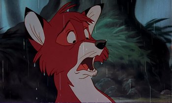 Movie still from “The Fox and the Hound” (1981), directed by Richard Rich – A red and white fox is looking surprised; Close Up shot, Over the shoulder angle
