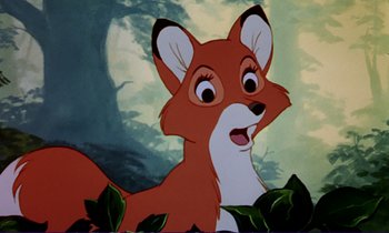 Movie still from “The Fox and the Hound” (1981), directed by Richard Rich – A picture of a cartoon fox in a forest; Close Up shot, Low angle