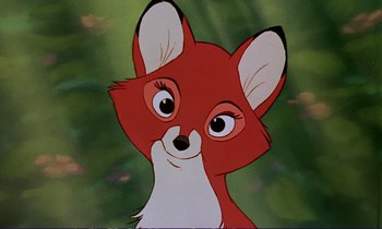 Movie still from “The Fox and the Hound” (1981), directed by Richard Rich – A cartoon of a red fox with white ears; Close Up shot, Low angle