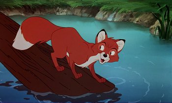 Movie still from “The Fox and the Hound” (1981), directed by Richard Rich – A fox is standing on a dock in the water; Medium shot, High angle
