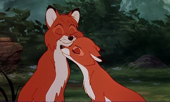 Movie still from “The Fox and the Hound” (1981), directed by Richard Rich – A couple of foxes are kissing in a forest; Close Up shot, High angle