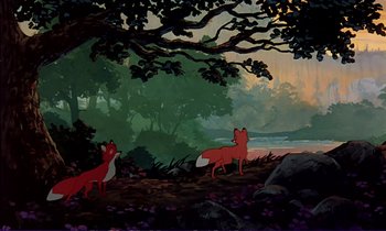 Movie still from “The Fox and the Hound” (1981), directed by Richard Rich – A painting of two red foxes in a forest; Wide shot, Low angle