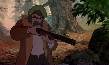 Movie still from “The Fox and the Hound” (1981), directed by Richard Rich – An animated character is holding a rifle in the woods; Medium shot, Over the shoulder angle
