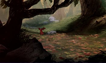 Movie still from “The Fox and the Hound” (1981), directed by Richard Rich – A painting of a red mouse in a forest; Extreme Wide shot, High angle
