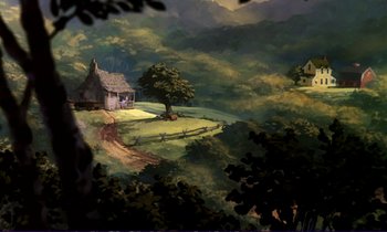 Movie still from “The Fox and the Hound” (1981), directed by Richard Rich – An oil painting of a house in the middle of a forest; Extreme Wide shot, High angle