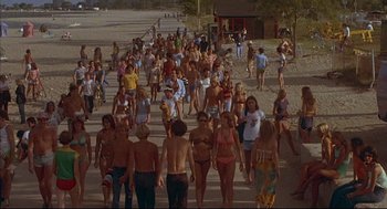 Movie still from “The Fury” (1978), directed by Brian De Palma – A crowd of people walking down a street; Extreme Wide shot, High angle