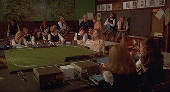 Movie still from “The Fury” (1978), directed by Brian De Palma – A group of people sitting around a table; Wide shot, High angle