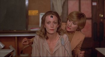 Movie still from “The Fury” (1978), directed by Brian De Palma – Two women are looking at each other in a room; Close Up shot, Over the shoulder angle