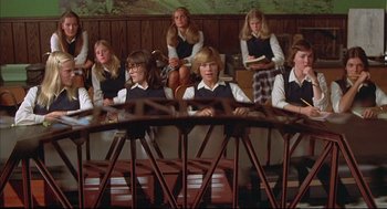 Movie still from “The Fury” (1978), directed by Brian De Palma – A group of young people sitting in a room; Wide shot, High angle