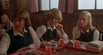 Movie still from “The Fury” (1978), directed by Brian De Palma – A group of people sitting at a table eating food; Medium shot, Low angle