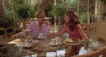 Movie still from “The Fury” (1978), directed by Brian De Palma – Two women sitting at a table having a conversation; Medium shot, Over the shoulder angle