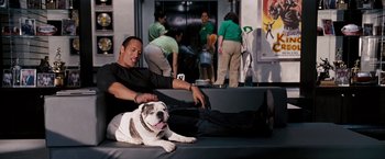 Movie still from “The Game Plan” (2007), directed by Andy Fickman – A man and a dog sitting next to each other on luggage; Wide shot, High angle