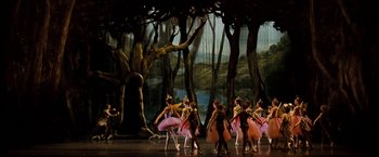 Movie still from “The Game Plan” (2007), directed by Andy Fickman – A group of people are dancing on stage in front of trees; Extreme Wide shot, High angle
