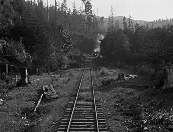 Movie still from “The General” (1926), directed by Buster Keaton – An old photo of an empty train track; Extreme Wide shot, High angle