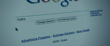 Movie still from “The Ghost Writer” (2010), directed by Roman Polanski – A computer screen showing a google search page; Extreme Close Up shot, High angle