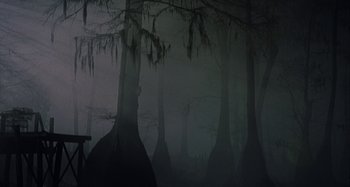 Movie still from “The Gift” (2000), directed by Sam Raimi – A dark forest with trees and fog in the background; Extreme Wide shot, Low angle