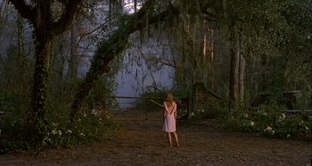 Movie still from “The Gift” (2000), directed by Sam Raimi – A woman in a pink dress standing next to a tree; Extreme Wide shot, High angle