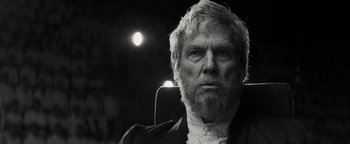 Movie still from “The Giver” (2014), directed by Phillip Noyce – Black and white photograph of a man with a beard; Close Up shot, Low angle