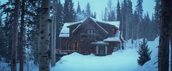 Movie still from “The Giver” (2014), directed by Phillip Noyce – A house that is covered in snow with christmas lights; Extreme Wide shot, Low angle