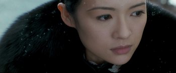 Movie still from “The Grandmaster” (2013), directed by Kar-Wai Wong – A woman's face with a black jacket on; Close Up shot, Over the shoulder angle