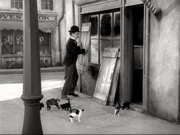 Movie still from “The Great Dictator” (1940), directed by Charles Chaplin – A black and white photo of a man and some cats; Wide shot, Low angle