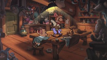 Movie still from “The Great Mouse Detective” (1986), directed by David Michener – Two cartoon mice are sitting on a wooden bench; Wide shot, High angle