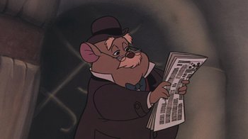 Movie still from “The Great Mouse Detective” (1986), directed by David Michener – A cartoon of a mouse holding a newspaper in his hands; Close Up shot, Low angle