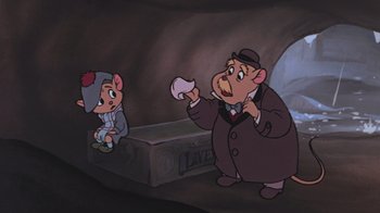 Movie still from “The Great Mouse Detective” (1986), directed by David Michener – An animated scene of a man and a mouse; Medium shot, Low angle