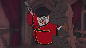 Movie still from “The Great Mouse Detective” (1986), directed by David Michener – A cartoon of a mouse holding a gun in his hand; Medium shot, Over the shoulder angle