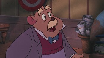 Movie still from “The Great Mouse Detective” (1986), directed by David Michener – A cartoon bear with a bow tie; Close Up shot, High angle