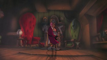 Movie still from “The Great Mouse Detective” (1986), directed by David Michener – A mouse sitting on a chair in a room with chairs; Wide shot, High angle