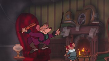 Movie still from “The Great Mouse Detective” (1986), directed by David Michener – A cartoon of a mouse and a mouse holding a stick; Wide shot, High angle