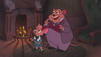 Movie still from “The Great Mouse Detective” (1986), directed by David Michener – A couple of mice standing next to each other in front of a fire place; Medium shot, High angle