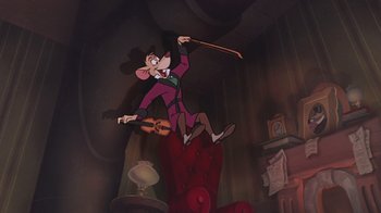 Movie still from “The Great Mouse Detective” (1986), directed by David Michener – A cartoon of a mouse playing a violin; Wide shot, Low angle