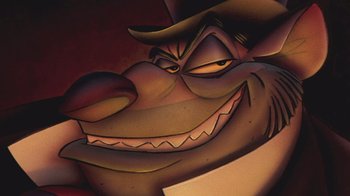 Movie still from “The Great Mouse Detective” (1986), directed by David Michener – The face of a cartoon character; Extreme Close Up shot, Low angle