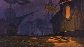 Movie still from “The Great Mouse Detective” (1986), directed by David Michener – An animated picture of a street sign in the middle of the rain; Extreme Wide shot, Low angle