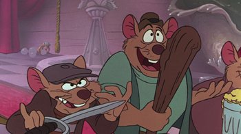 Movie still from “The Great Mouse Detective” (1986), directed by David Michener – A couple of people that are in a cartoon; Medium shot, Over the shoulder angle