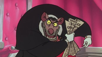 Movie still from “The Great Mouse Detective” (1986), directed by David Michener – A cartoon of a rat wearing a black hat and holding a fan; Close Up shot, Low angle