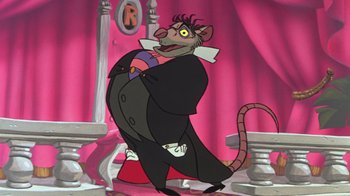 Movie still from “The Great Mouse Detective” (1986), directed by David Michener – A cartoon of a rat wearing a suit and tie; Medium shot, Low angle