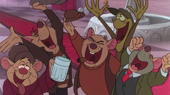 Movie still from “The Great Mouse Detective” (1986), directed by David Michener – A group of people that are standing in a room; Medium shot, Low angle