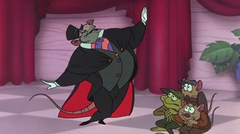 Movie still from “The Great Mouse Detective” (1986), directed by David Michener – A rat wearing a top hat and a black coat; Wide shot, Low angle