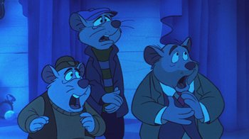 Movie still from “The Great Mouse Detective” (1986), directed by David Michener – A group of three cartoon mice standing next to each other; Medium shot, High angle
