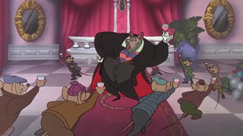 Movie still from “The Great Mouse Detective” (1986), directed by David Michener – A group of cartoon characters in a room; Wide shot, Low angle