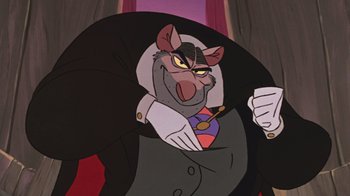 Movie still from “The Great Mouse Detective” (1986), directed by David Michener – A picture of a cartoon character with a suit and tie; Close Up shot, Low angle