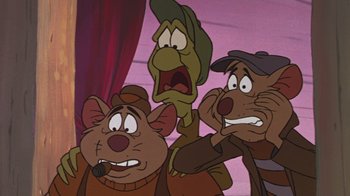Movie still from “The Great Mouse Detective” (1986), directed by David Michener – A group of three cartoon characters standing next to each other; Close Up shot, High angle