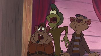 Movie still from “The Great Mouse Detective” (1986), directed by David Michener – A group of people standing next to each other in a room; Medium shot, Low angle
