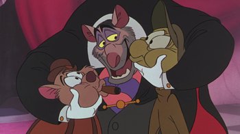 Movie still from “The Great Mouse Detective” (1986), directed by David Michener – A group of cartoon characters standing next to each other; Medium shot, Low angle