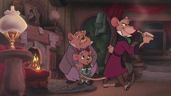 Movie still from “The Great Mouse Detective” (1986), directed by David Michener – A group of cartoon characters standing next to each other in front of a fire place; Wide shot, High angle