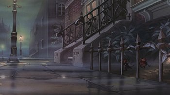 Movie still from “The Great Mouse Detective” (1986), directed by David Michener – A painting of a street corner with a railing and stairs; Wide shot, Low angle