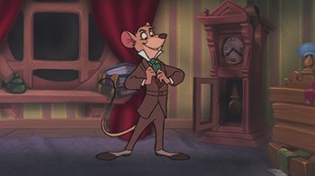 Movie still from “The Great Mouse Detective” (1986), directed by David Michener – A cartoon mouse in a brown suit and tie; Medium shot, Low angle
